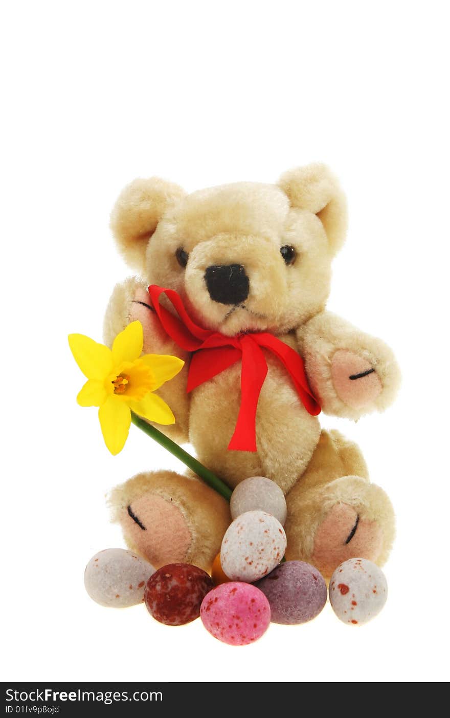 Easter teddy bear with daffodil and Easter eggs. Easter teddy bear with daffodil and Easter eggs