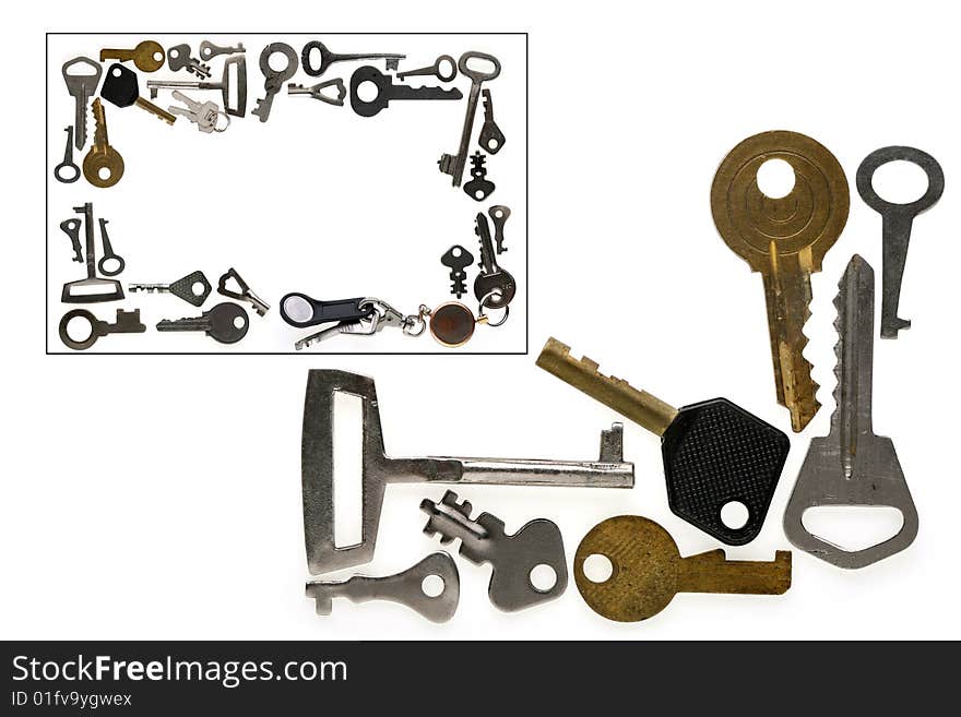 The frame is made of old and new various keys on a white background