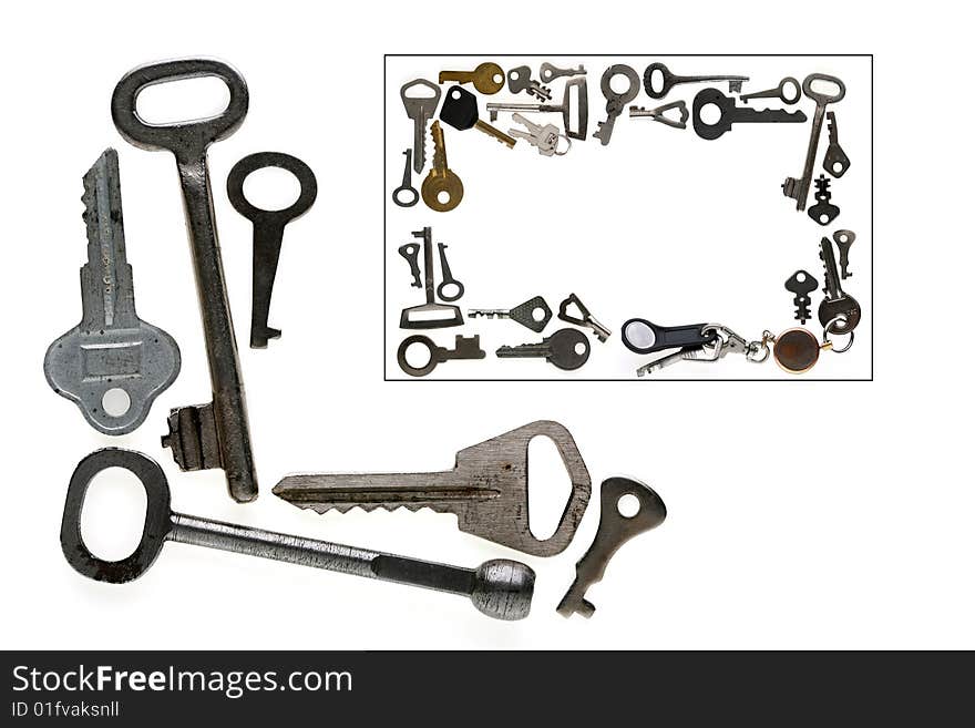 The frame is made of old and new various keys on a white background