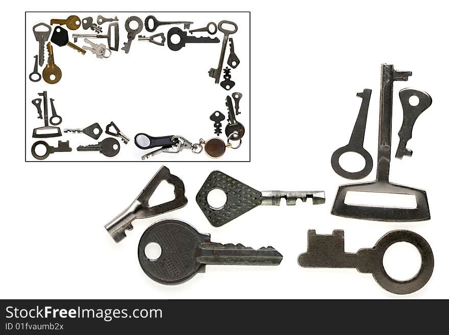 The frame is made of old and new various keys on a white background