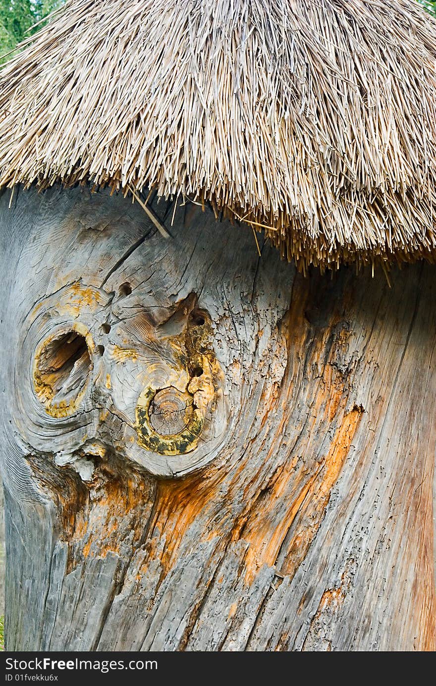 Ancient wooden beehive with a thatched roof