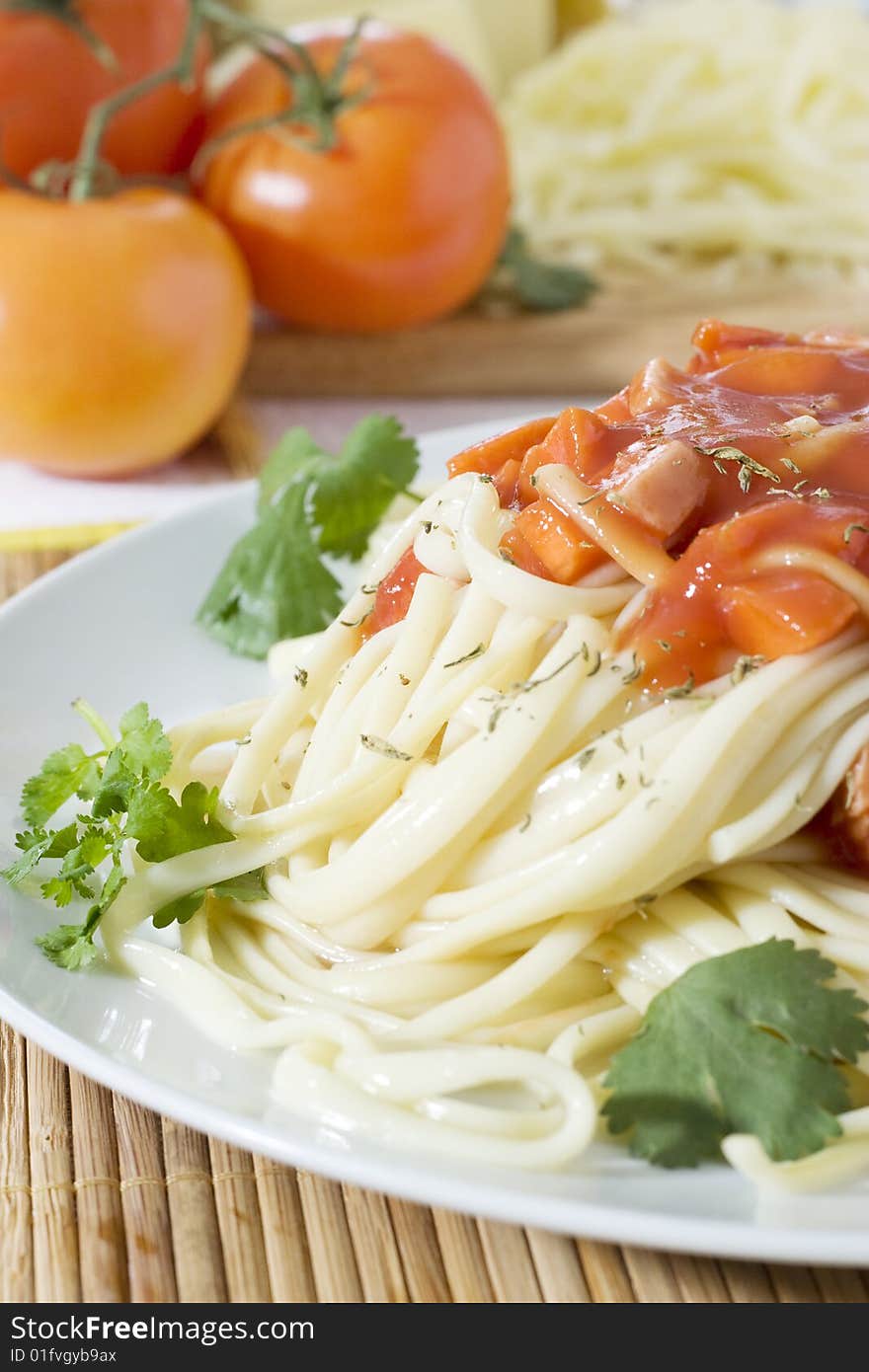 Close up shot of freshly cooked spaghetti on nice background. Close up shot of freshly cooked spaghetti on nice background