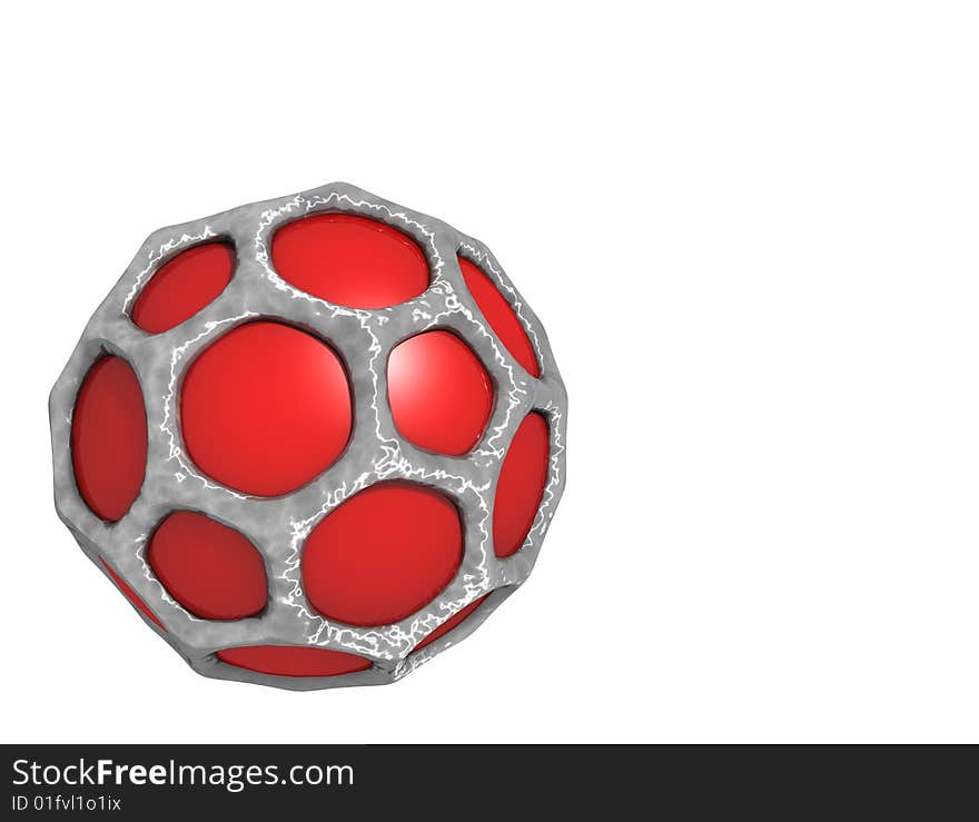 Reflective Red Sphere caged inside a hard grey shell.