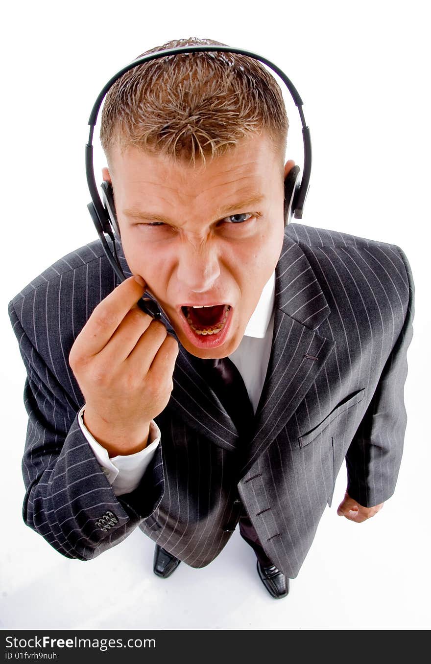 Man shouting on phone call with white background