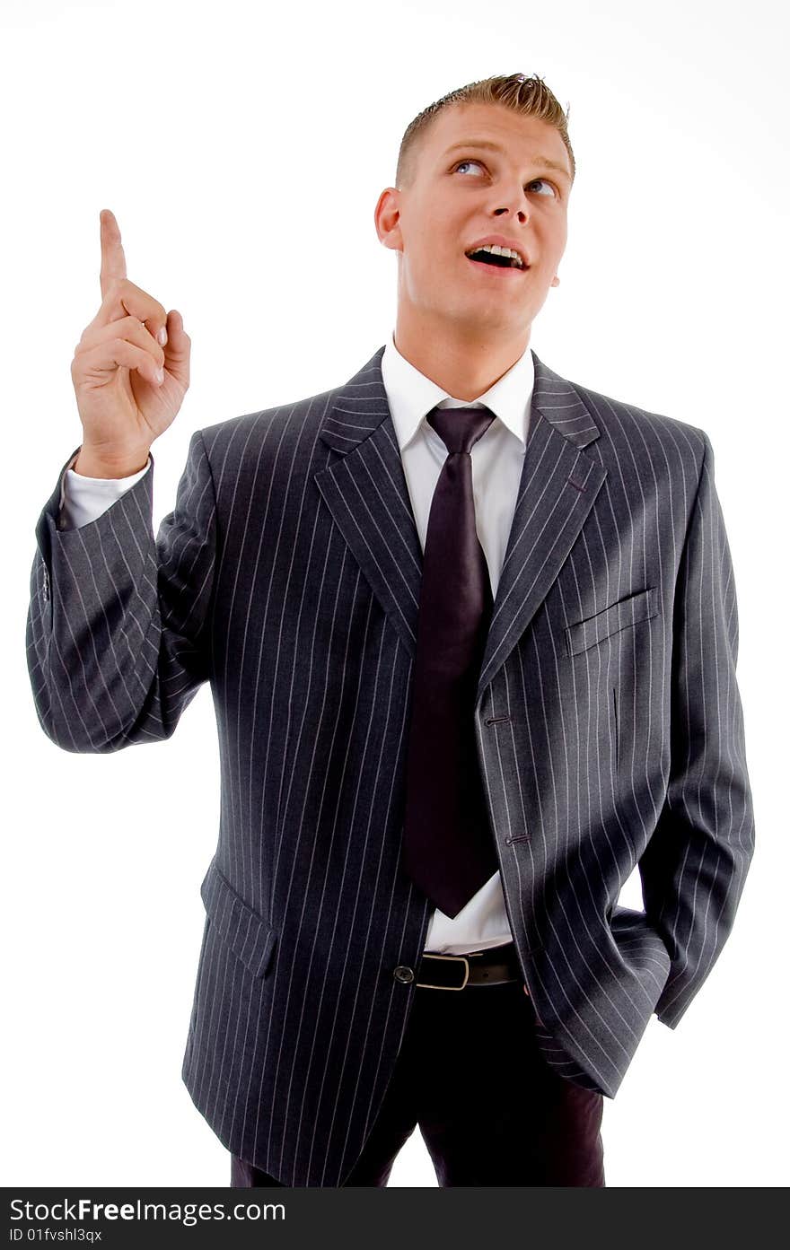 Happy young professional indicating upward on an isolated white background