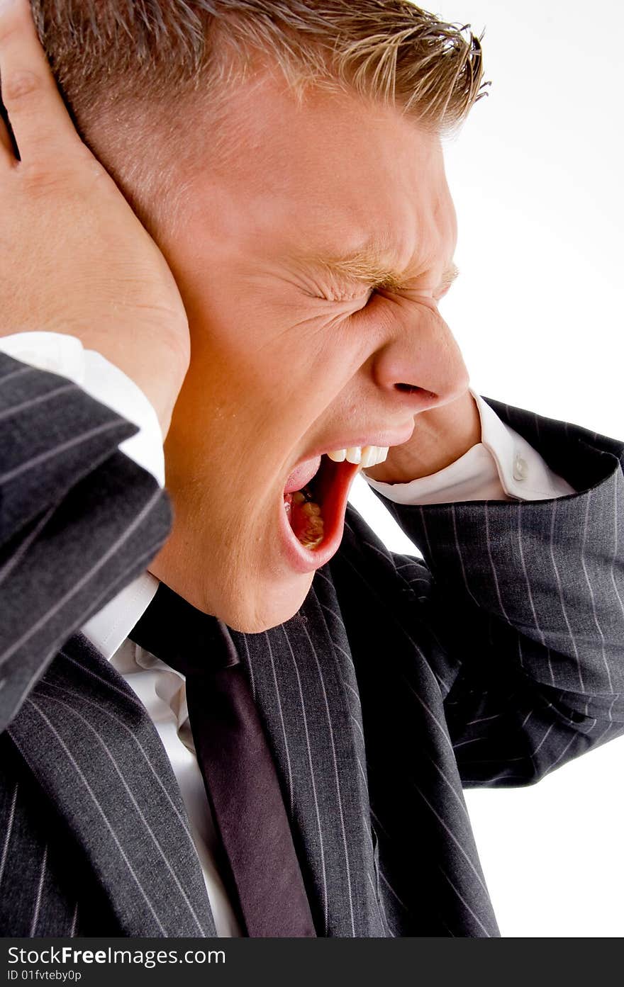 Shouting depressed businessman on an isolated white background. Shouting depressed businessman on an isolated white background