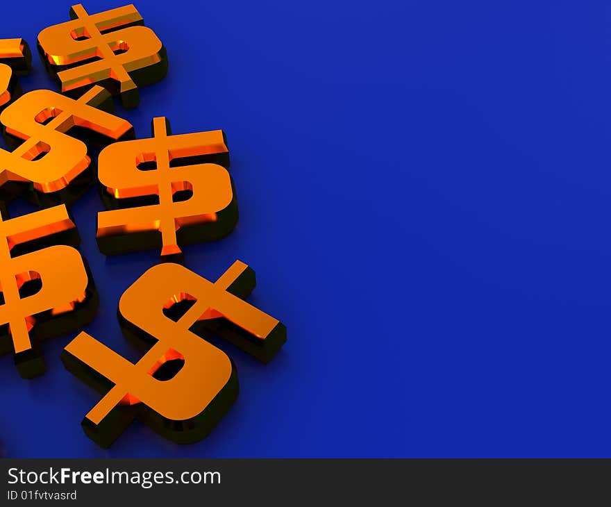 Abstract 3d illustration of dollar signs over blue background. Abstract 3d illustration of dollar signs over blue background