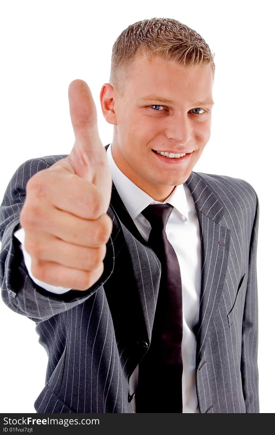 Young businessman with thumbs up on an isolated white background