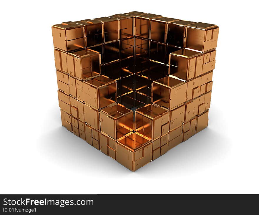 3d illustration of golden cube built from blocks. 3d illustration of golden cube built from blocks