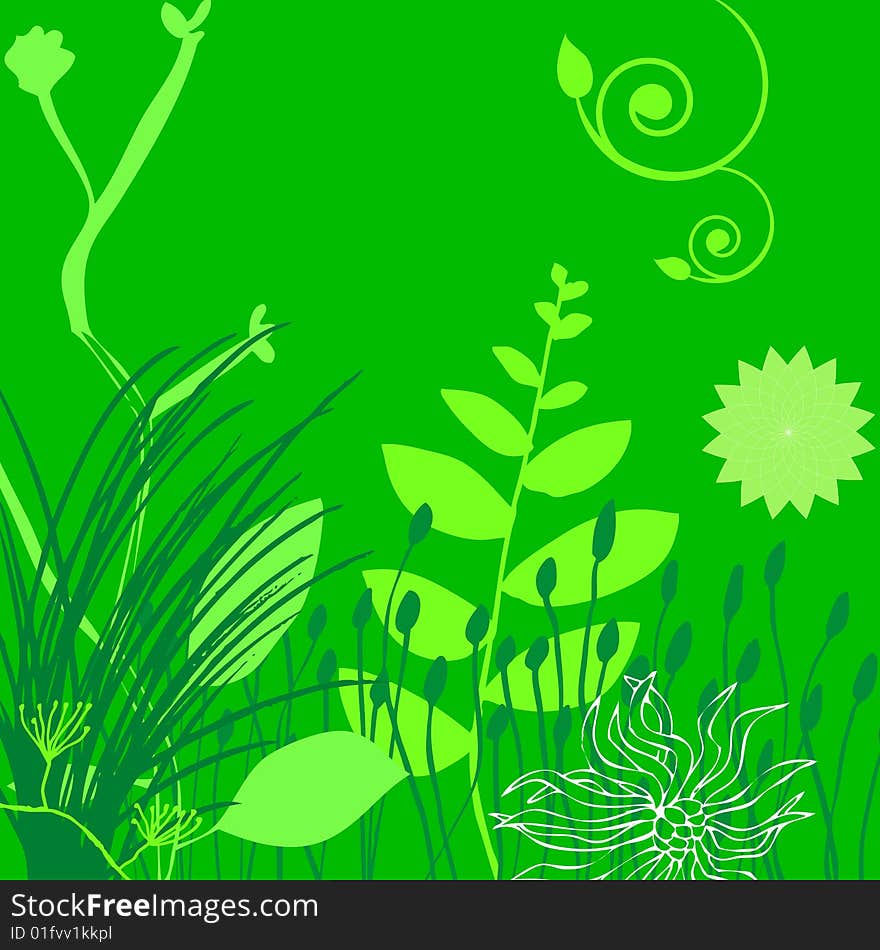 A floral design including grass, flowers, stems and swirls randomly placed over a solid green background. A floral design including grass, flowers, stems and swirls randomly placed over a solid green background.