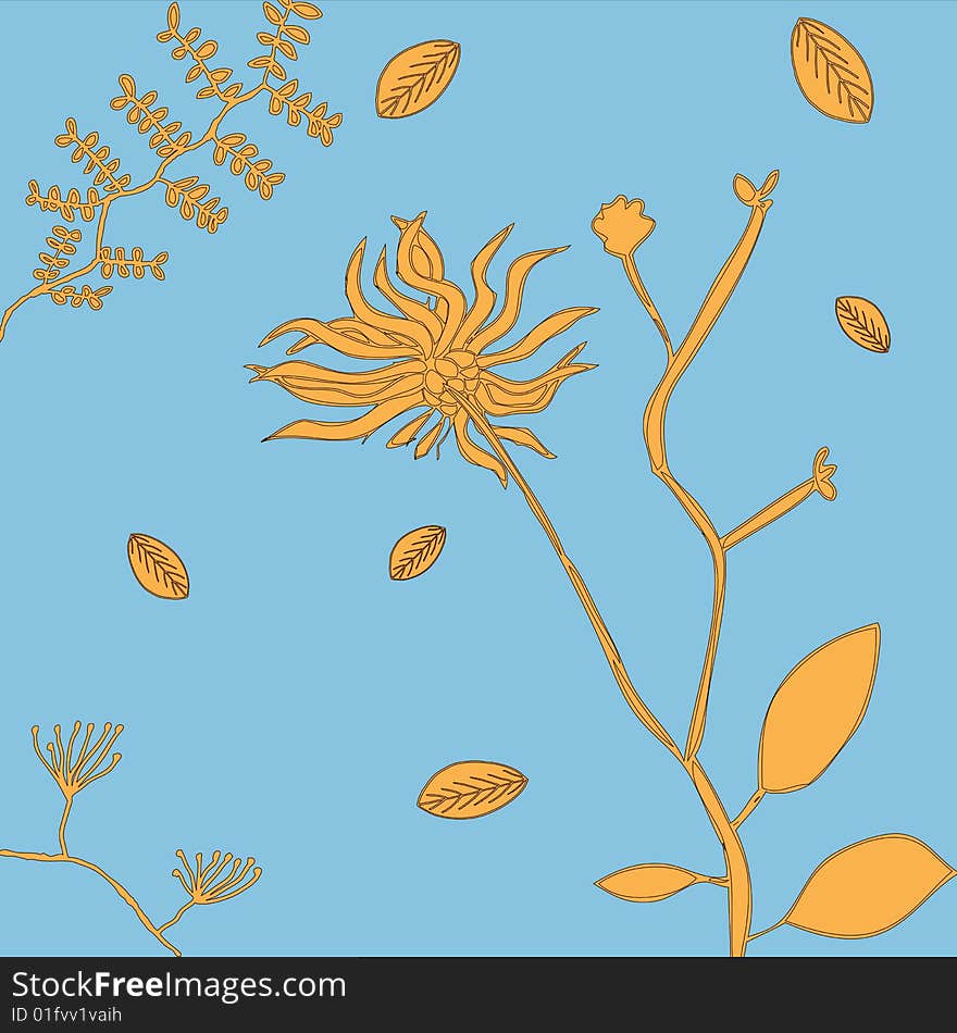 A floral design of yellow plants and leaves over a solid blue background. A floral design of yellow plants and leaves over a solid blue background.