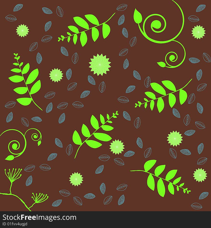 A floral design in retro colors including grass, flowers, stems and swirls randomly placed over a solid brown background. A floral design in retro colors including grass, flowers, stems and swirls randomly placed over a solid brown background.