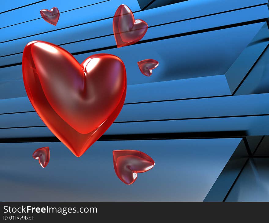 Abstract 3d illustration of red hearts over blue background. Abstract 3d illustration of red hearts over blue background