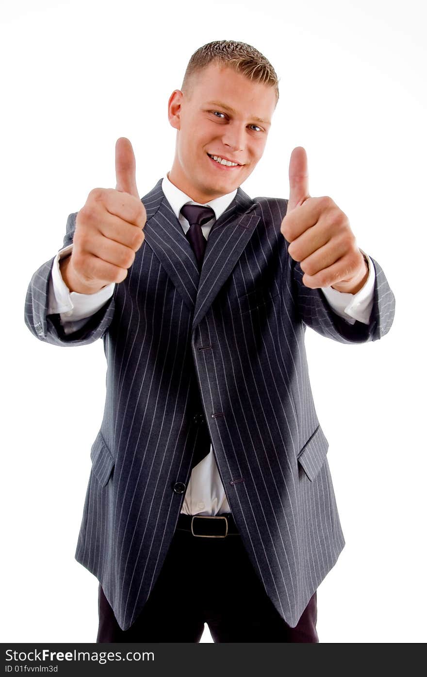 Smiling handsome businessman showing thumb up with both hands on an isolated white background. Smiling handsome businessman showing thumb up with both hands on an isolated white background