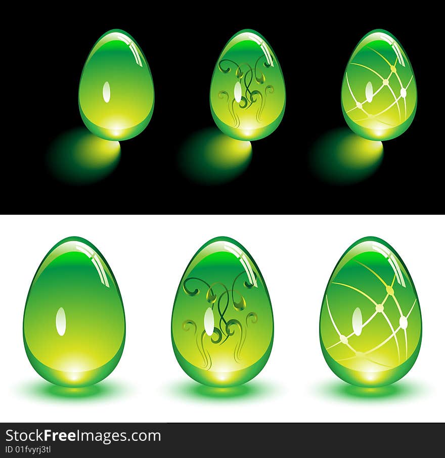 Green Easter glass eggs glowing in the dark and isolated. Green Easter glass eggs glowing in the dark and isolated.