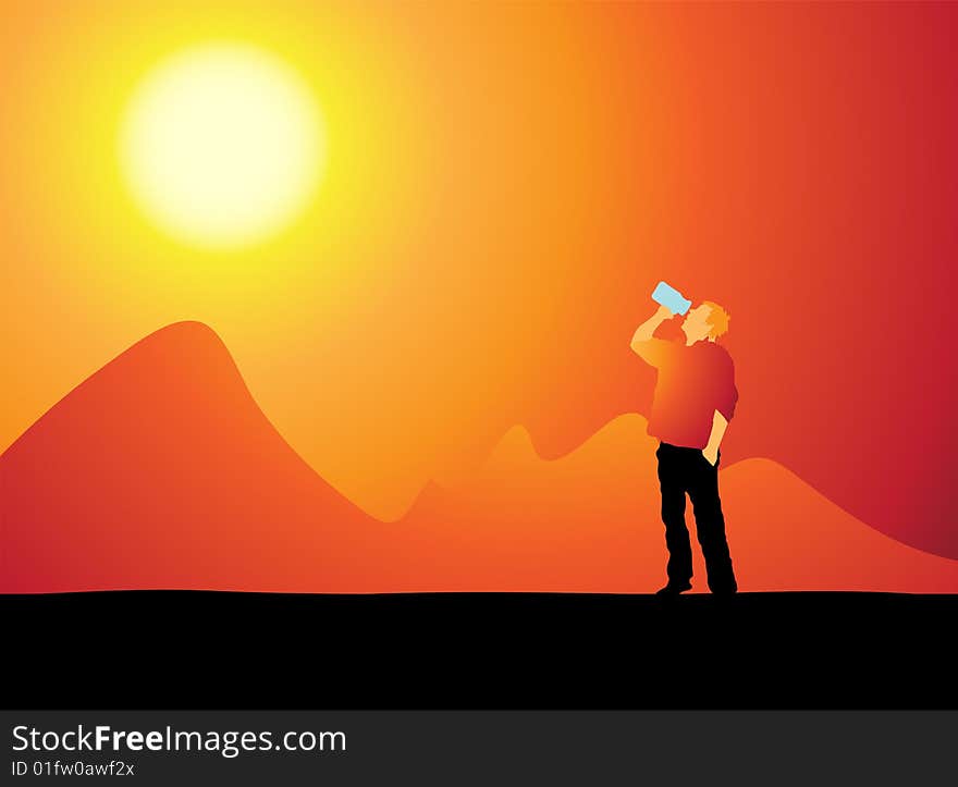 Drinking man in the desert, vector illustration