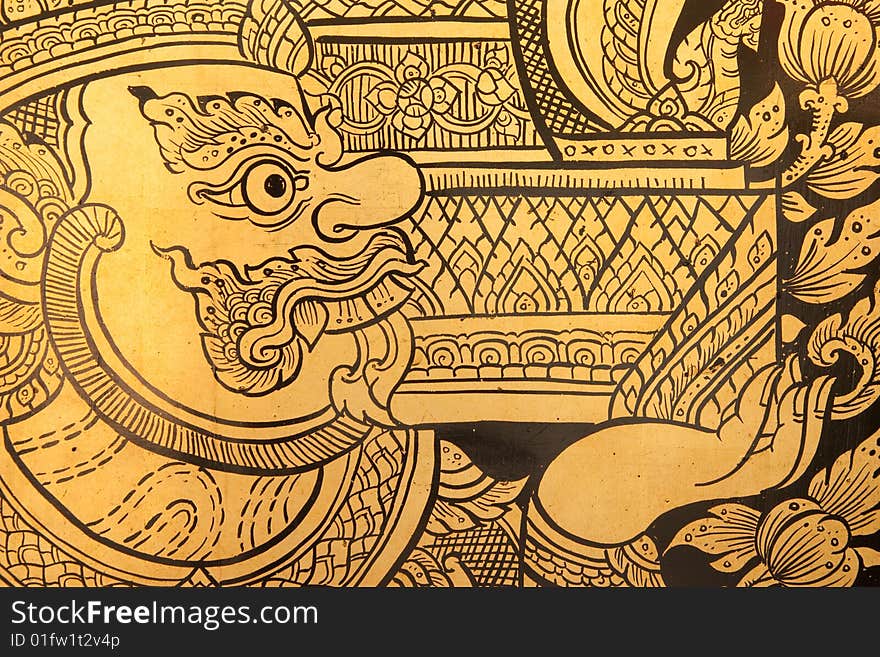 Thai traditional style giant painting, coated with real gold plate. Thai traditional style giant painting, coated with real gold plate.