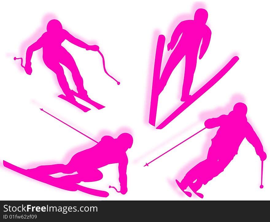 Skier silhouette in different poses and attitudes