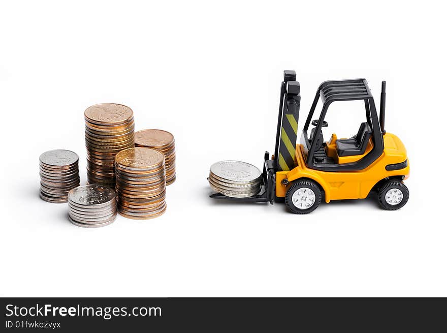 Yellow toy forklift and money