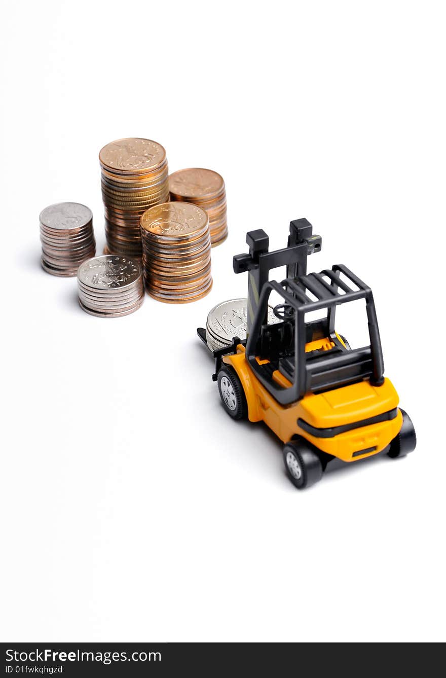 Yellow toy forklift and money