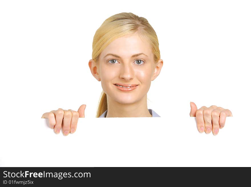 Business Woman looking over blank card in the studio