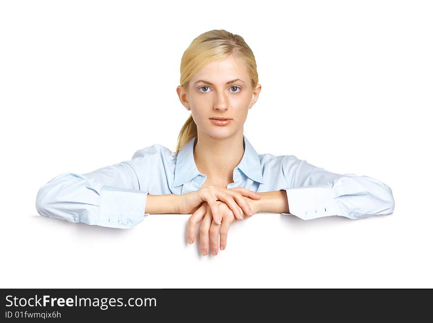 Business Woman looking over blank card in the studio