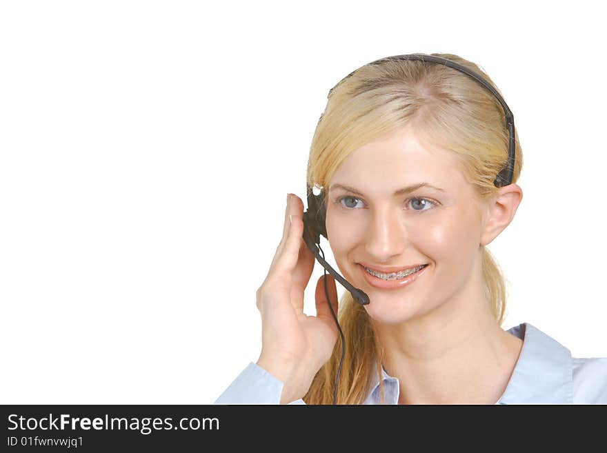 Business woman on phone isolated on white