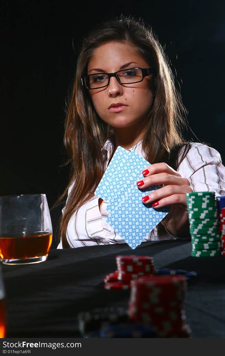 Beautiful woman who playing poker