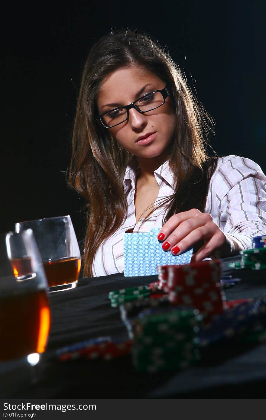 Beautiful woman who playing poker