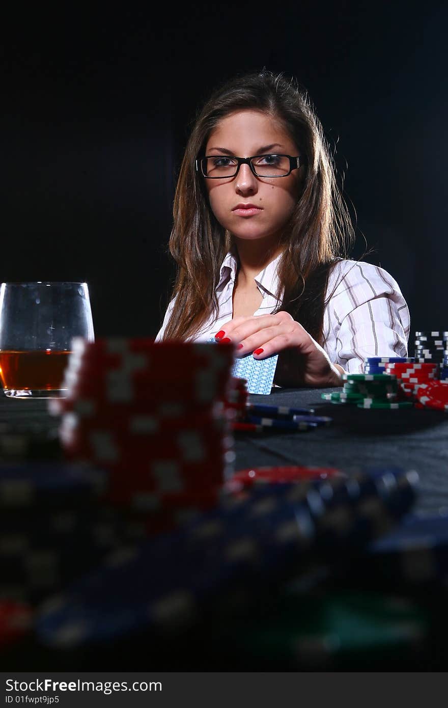 Beautiful woman who playing poker