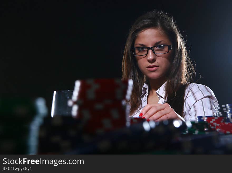 Beautiful woman who playing poker