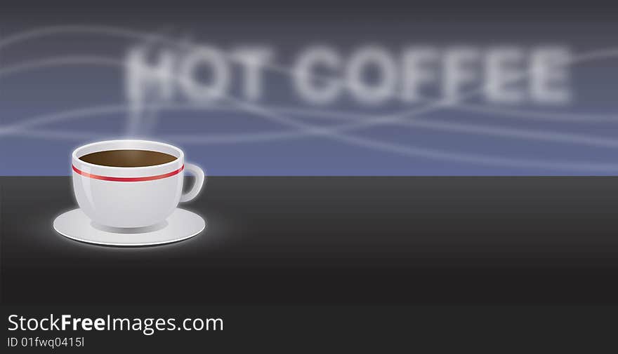 Illustration of a coffee cup banner, with hot coffee spelled in steam.
