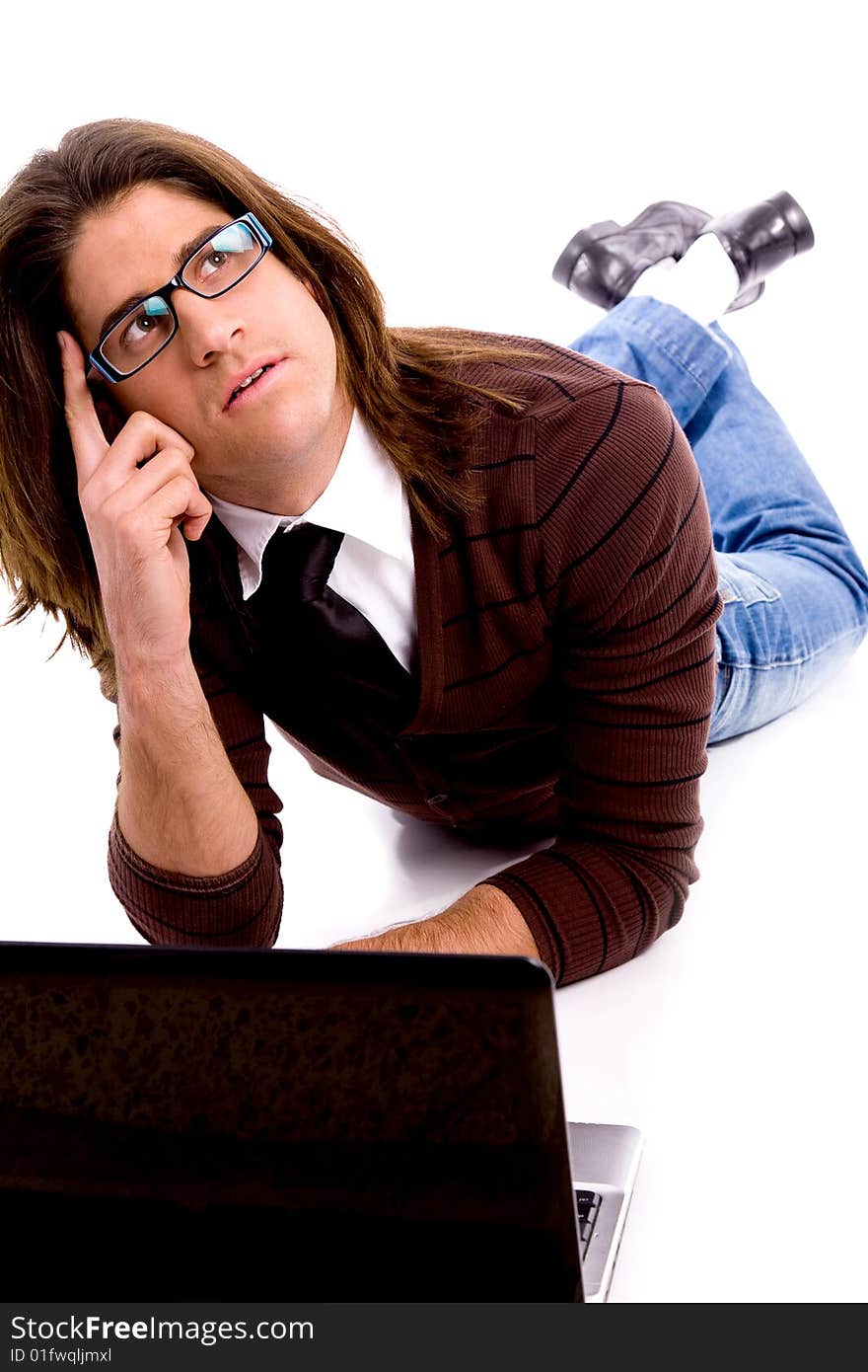 Portrait of thinking man looking up on an isolated white background