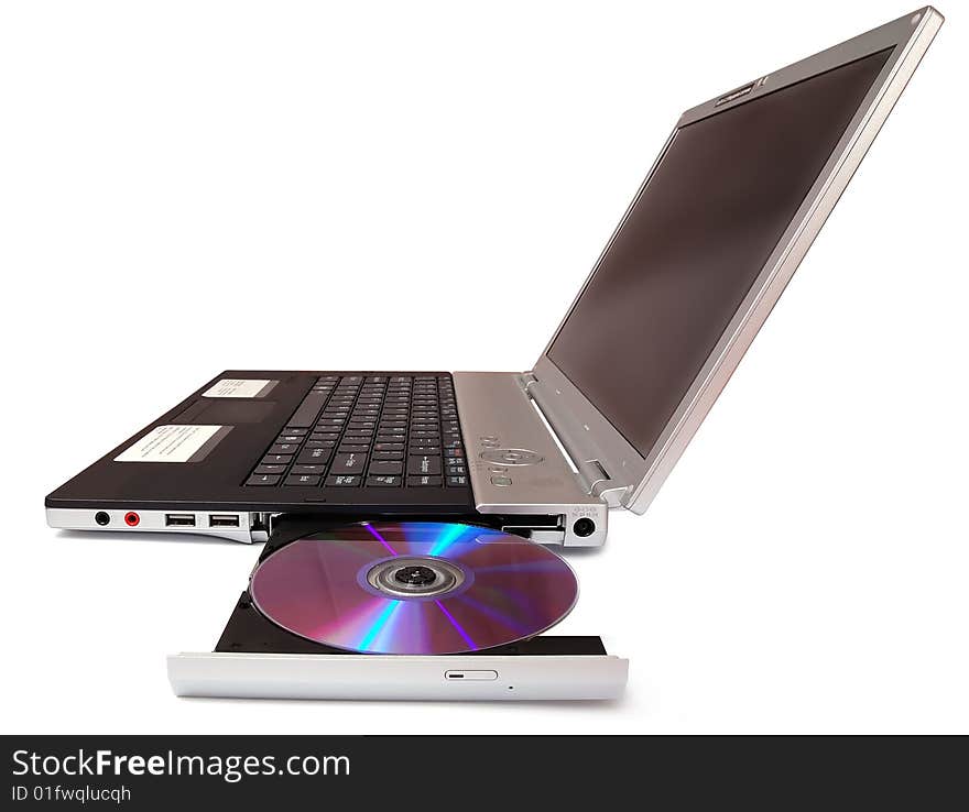 The laptop with opened CD-rom. The laptop with opened CD-rom