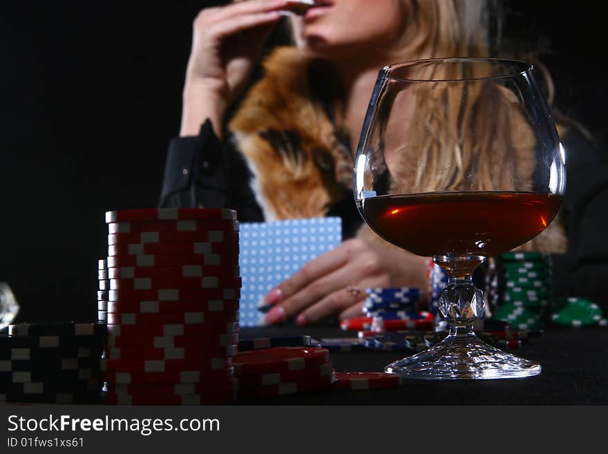 Beautiful woman who playing poker