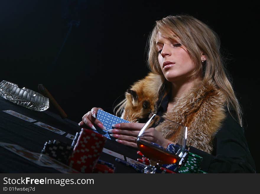 Beautiful woman who playing poker