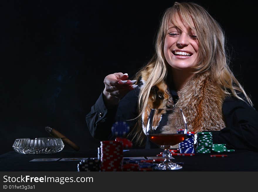 Beautiful woman who playing poker