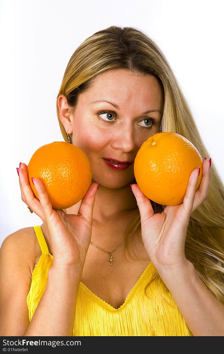 Blonde woman in yellow dress with two oranges in her hands