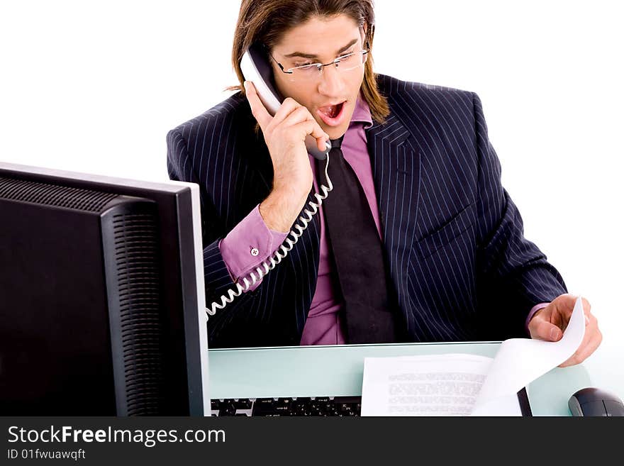 Side view of standing successful businessman with white background