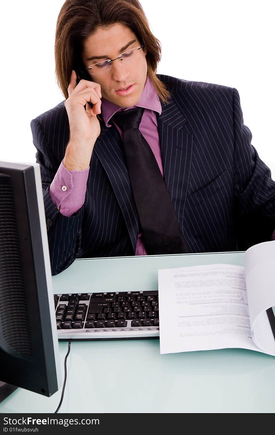 Side view of standing successful businessman with white background