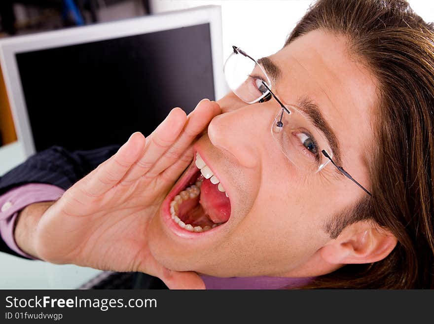 Side view of standing successful businessman