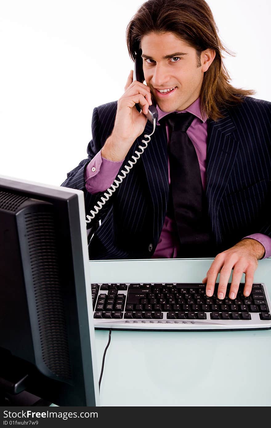 Side view of standing successful businessman with white background