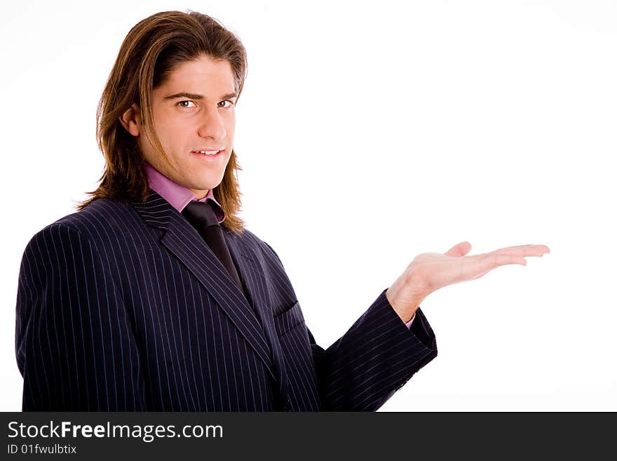 Side view of standing successful businessman with white background