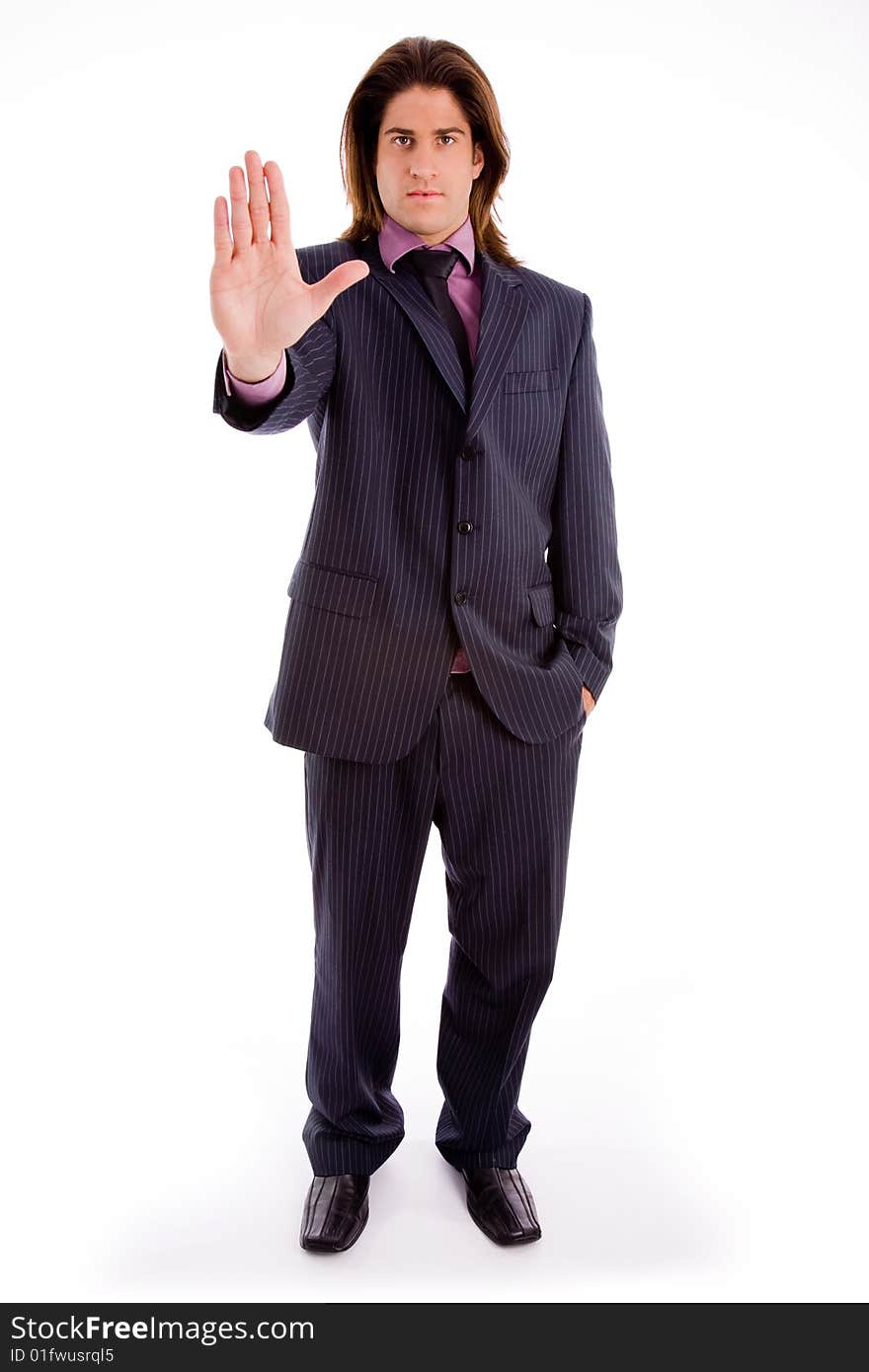 Side view of standing successful businessman with white background