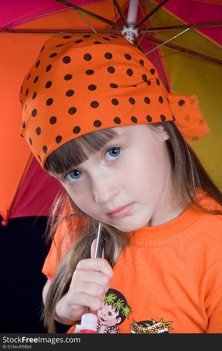 Girl with red charge keeps umbrella. Girl with red charge keeps umbrella