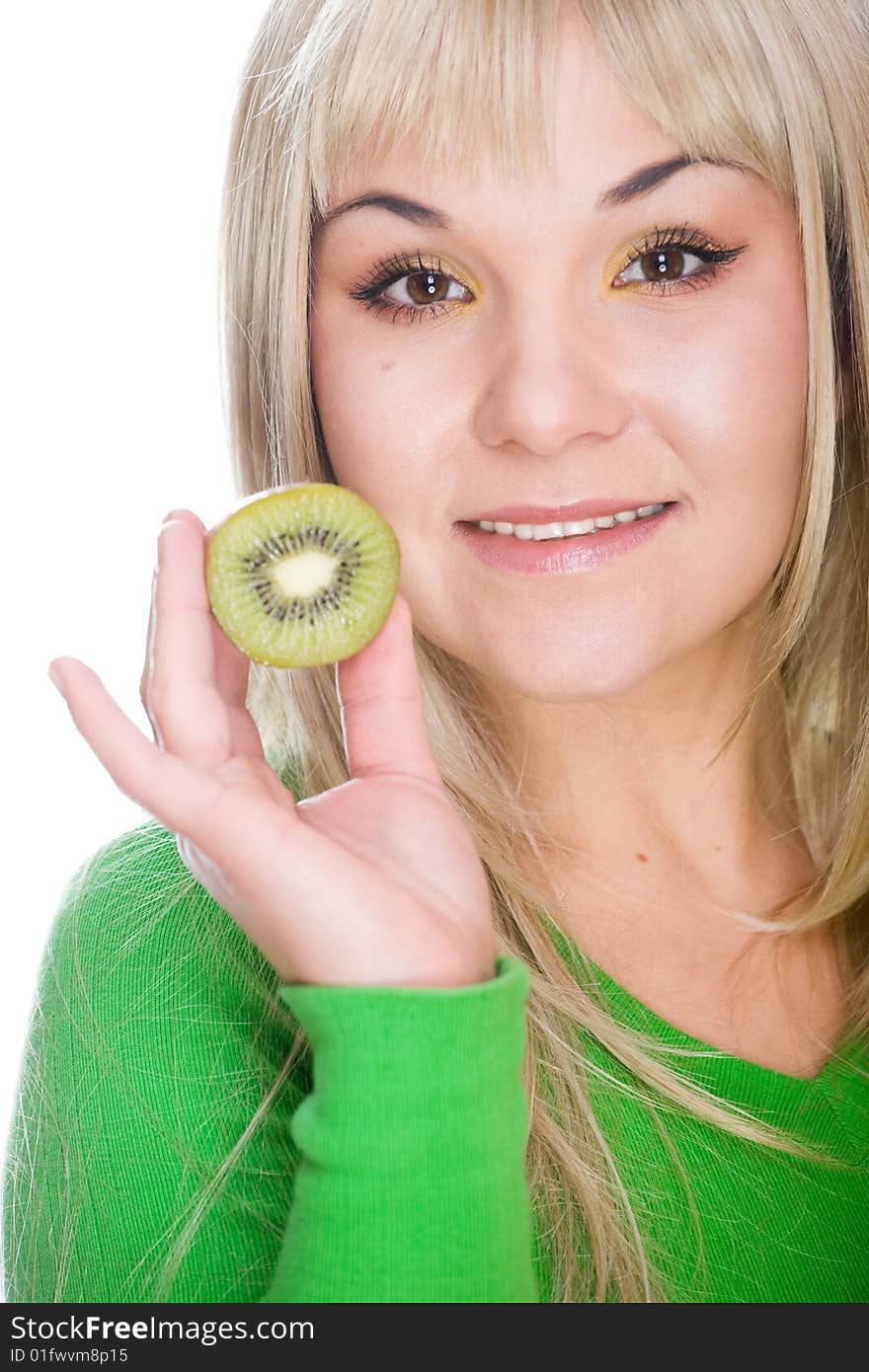 Attractive blonde woman with kiwi on white background. Attractive blonde woman with kiwi on white background