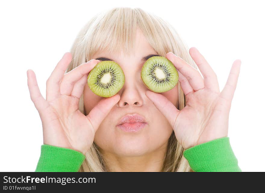 Attractive blonde woman with kiwi on white background. Attractive blonde woman with kiwi on white background