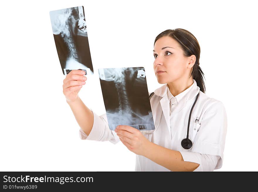 Attractive brunette doctor over white background. Attractive brunette doctor over white background