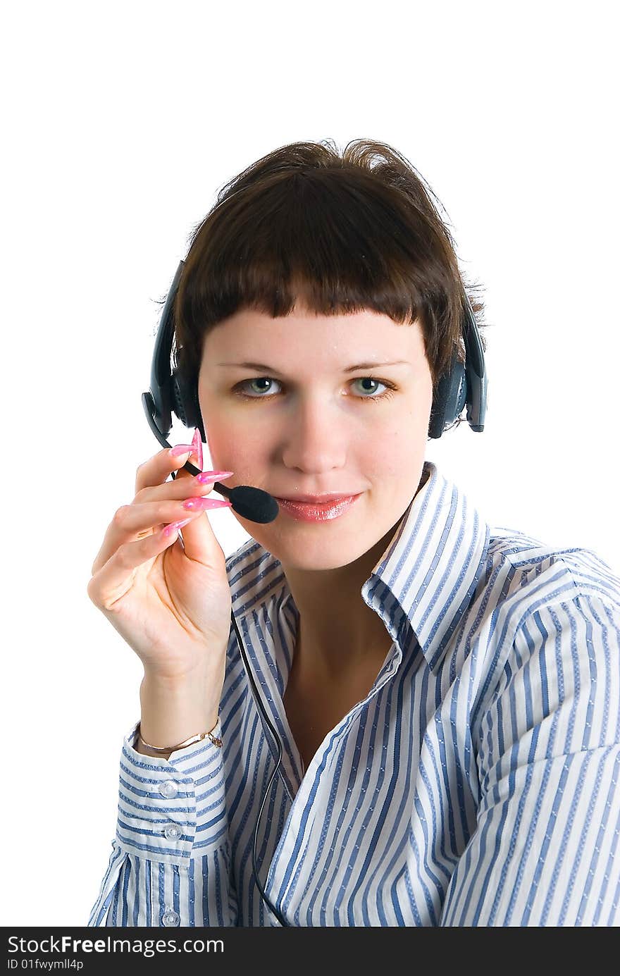 The employee of the call center on a white background