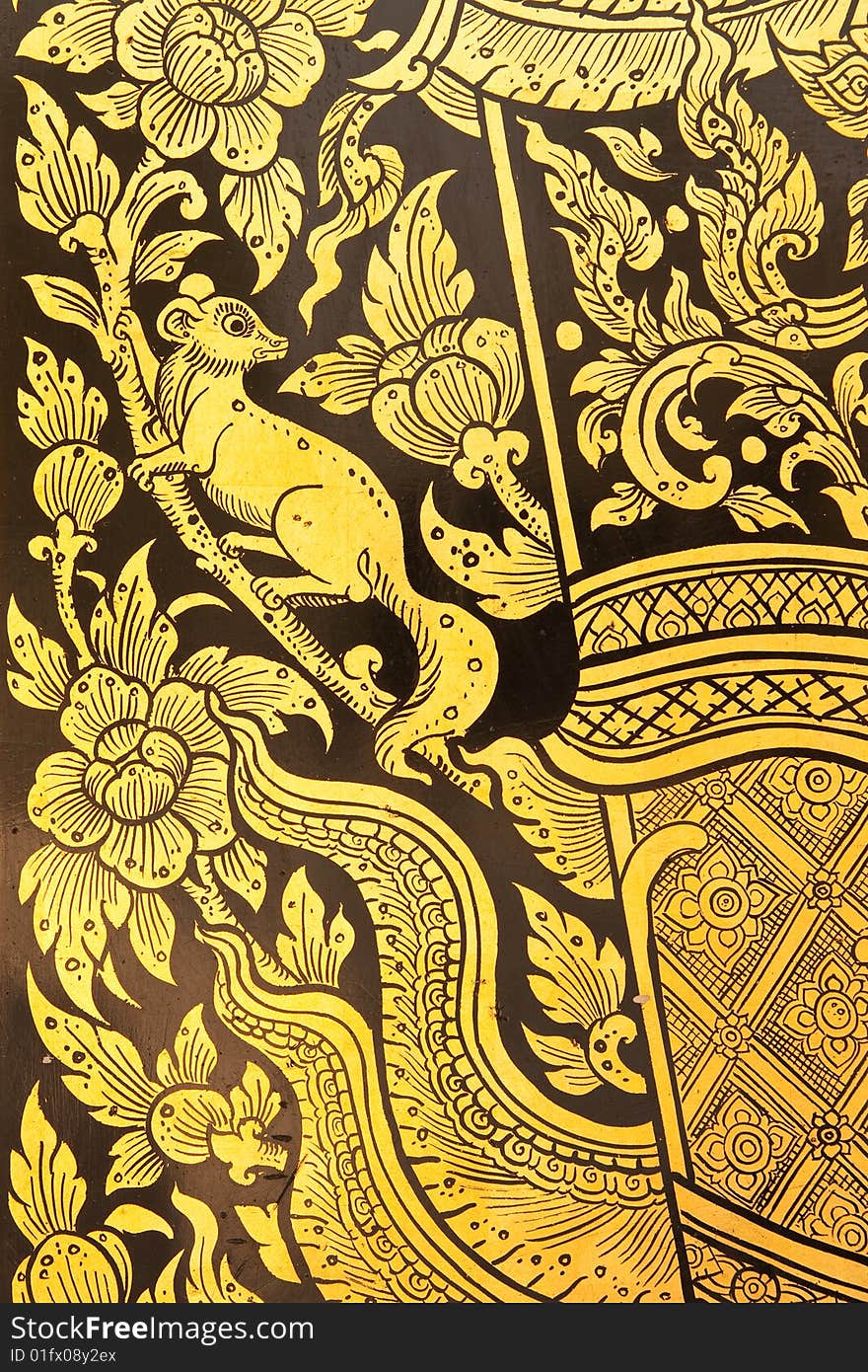 Thai traditional style nature painting, coated with real gold plate. Thai traditional style nature painting, coated with real gold plate.